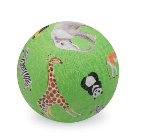 Colorful 7" playground ball featuring wild animal designs, perfect for indoor and outdoor play for children aged 3 months and up.