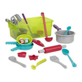 Colorful Battat Cooking Set for kids, featuring pots, pans, utensils, and cookie cutters for imaginative culinary play.