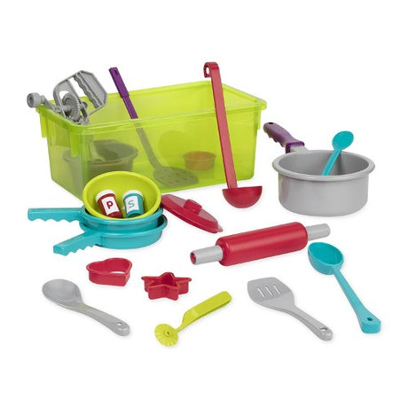 Colorful Battat Cooking Set for kids, featuring pots, pans, utensils, and cookie cutters for imaginative culinary play.