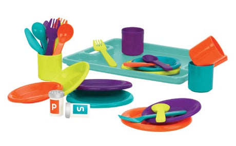 Brightly colored Battat Dinner Party set for four with plates, cutlery, cups, and serving tray, perfect for imaginative play.