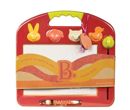 Bright red Toulouse LapTrec Magnetic Drawing Board for kids, featuring easy-clean surface, stamps, and portable design for creative fun.