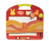 Bright red Toulouse LapTrec Magnetic Drawing Board for kids, featuring easy-clean surface, stamps, and portable design for creative fun.