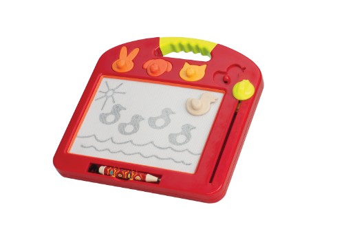 Bright tomato red magnetic drawing board for kids, featuring a pen, 4 animal stamps, and an easy-clean knob for endless creativity.