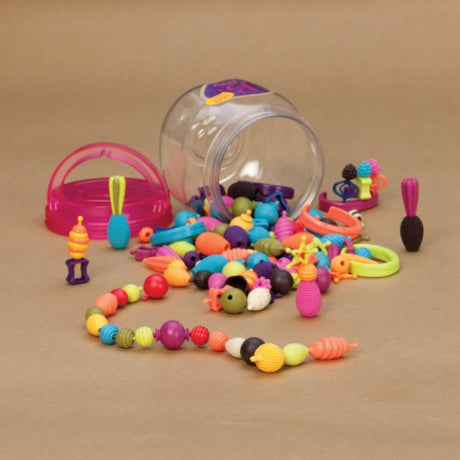 Vibrant collection of 150 colorful jewelry pops in a faux-glass jar for creative DIY fashion accessory making.