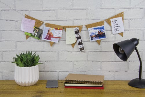 Charming Cork Bunting with 5 vibrant flags for pinning notes and memories, perfect for home organization and decor.