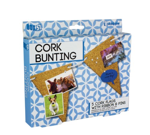 Charming cork bunting set with 5 flags on white cord, perfect for organizing notes and displaying memories stylishly.