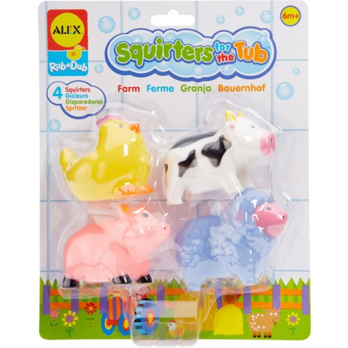 Colorful set of 4 soft farm animal bath squirters designed for toddlers, encouraging imaginative play and fine motor skills.