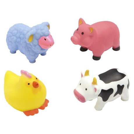 Four colorful farm animal bath squirters designed for little hands, promoting fun and fine motor skill development during bath time.