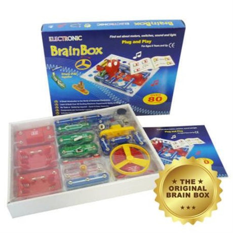 Brightly colored Brain Box Experiment Kit for kids 6+, featuring easy press-stud circuits for hands-on STEM learning.