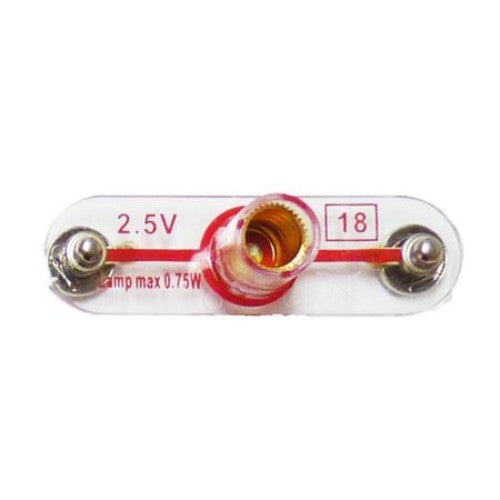 "Two 2.5V lamps in a pack, designed for DIY electronics projects and educational use, featuring a press-stud connection system."