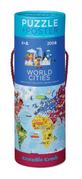 Educational 200-piece puzzle featuring vibrant world cities with a 16"x24" reference poster, perfect for curious kids aged 6+.