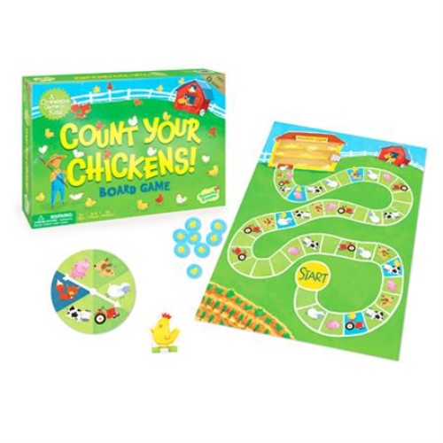 Colorful educational board game where kids help mother hen gather her scattered chicks, promoting counting and teamwork.