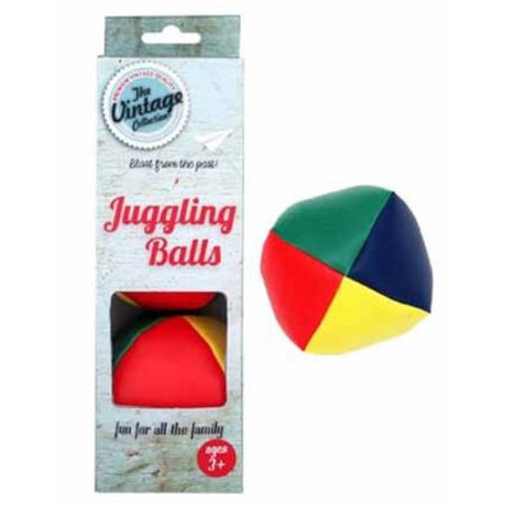 Colorful vintage juggling balls in a 3PC set, featuring red, yellow, blue, and green stitching, ideal for all ages.