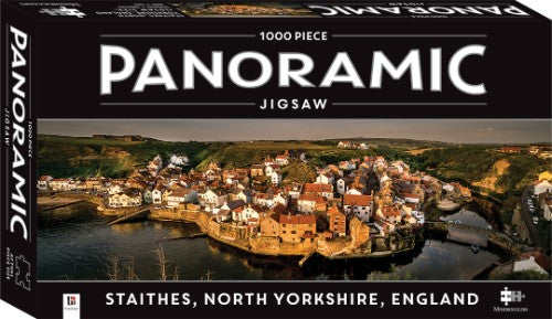 Panoramic 1000-piece jigsaw puzzle depicting the picturesque Straithes Village in England, perfect for family entertainment.