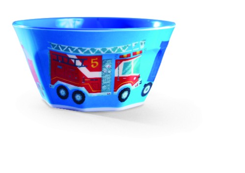 Two vibrant blue melamine bowls featuring city vehicles, perfect for kids aged 3+, lightweight and dishwasher safe.