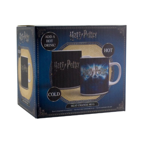 Harry Potter Wand Heat Change Mug shows magical wands and logo when filled with hot drinks, perfect for fans.