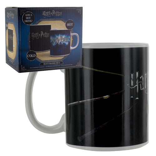 Ceramic heat change mug reveals Harry, Hermione, and Ron's wands with spells when filled with hot beverages.