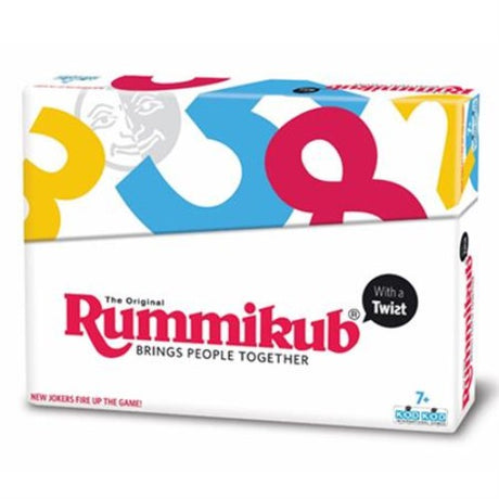 Rummikub with a Twist Game featuring vibrant tiles, strategic play, and humorous challenges for family fun and social interaction.