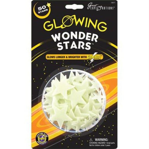 Glow-in-the-dark plastic stars for ceiling decor, includes 50 stars and adhesive putty for easy application.