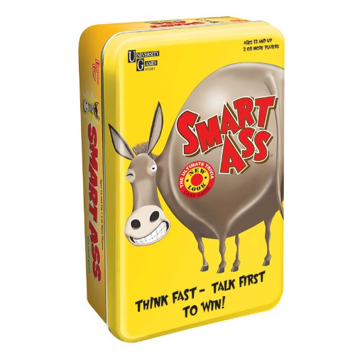 Smart Ass Tin Game: a compact party game with fast-paced trivia, 105 questions, and no turns needed for endless fun!