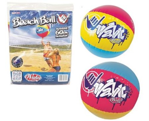 Brightly colored 60cm inflatable beach ball made from durable PVC, perfect for summer fun at the beach or pool.