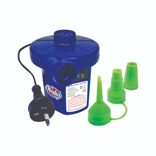 Compact Wahu AC Electric Air Pump for quick inflation of toys, mattresses, and floats; includes multiple nozzle attachments.