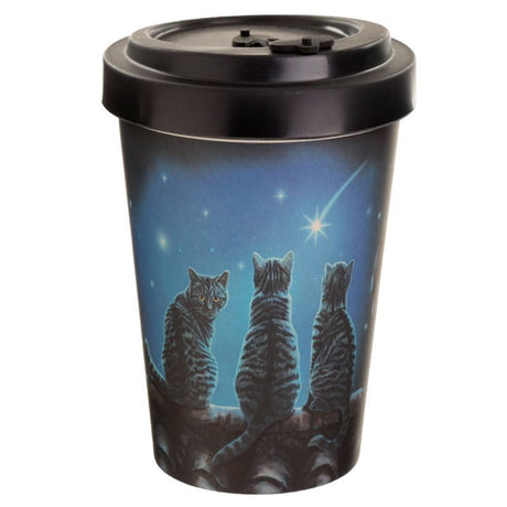 Eco-friendly biodegradable travel mug with 'Wish Upon a Star Cat' design, perfect for hot or cold drinks on the go.