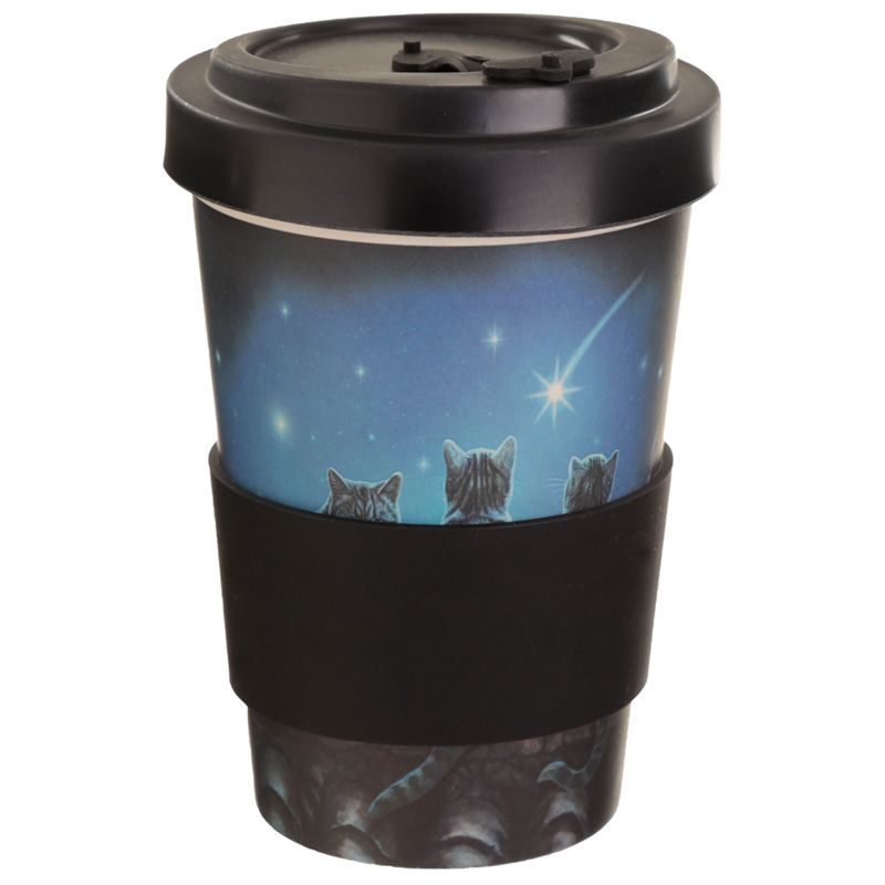 Biodegradable travel mug featuring 'Wish Upon a Star Cat' design, made from bamboo composite, ideal for eco-friendly beverages.