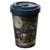 Biodegradable travel mug with a wolf design, made from bamboo composite, 400ml capacity, eco-friendly and dishwasher safe.