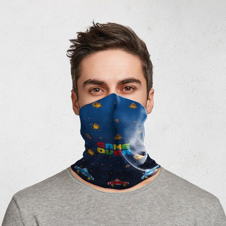 Neck scarf face covering in 'Game Over' design; lightweight, breathable, and versatile for outdoor activities.