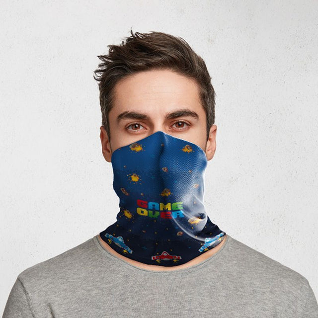 Neck scarf face covering in 'Game Over' design; lightweight, breathable, and versatile for outdoor activities.