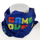 Colorful 'Game Over' neck scarf face covering, 50cm by 25cm, versatile for fashion and protection in outdoor activities.