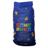 Neck scarf face covering in 'Game Over' design, breathable, lightweight, versatile for outdoor wear, 50cm tall, washable.