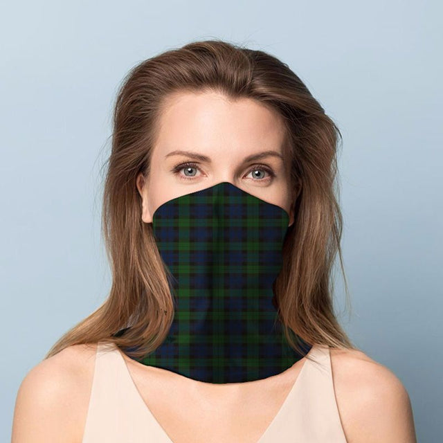 Green tartan neck scarf face covering, 50cm by 25cm, versatile, breathable, and washable for style and protection.