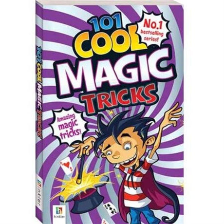 Cover of '101 Cool Magic Tricks' book featuring vibrant illustrations and titles for learning magic tricks.