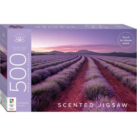 Vibrant 500-piece jigsaw puzzle of lavender fields, infused with calming lavender scent for a tranquil puzzling experience.