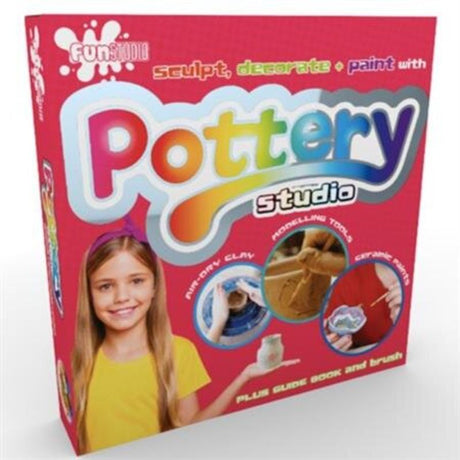 Fun Box Pottery Studio Kit featuring air-dry clay, tools, and projects for creative pottery crafting at home.