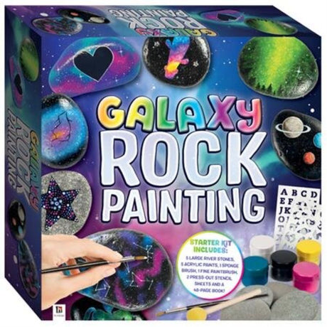 Galaxy Rock Painting Kit showcasing vibrant cosmos-themed designs, tools, and rocks for creative expression and relaxation.