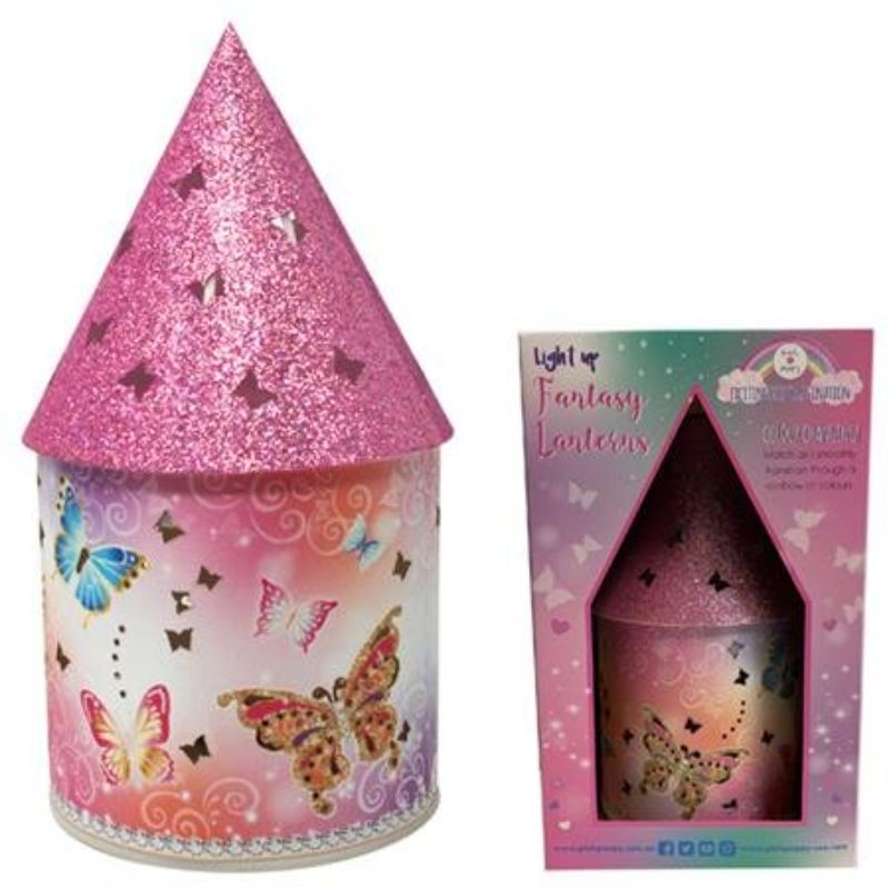 Enchanting LED lantern with color-changing light, featuring butterflies and a glitter roof, perfect for kids' bedrooms.