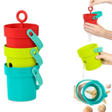 Colorful Battat Play Buckets for toddlers featuring a pouring green bucket, a magnifying blue bucket, and a red fine motor skill bucket.