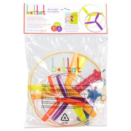 Skyrocopter toy soaring 50 feet high, featuring a launcher and two durable blades for fun, educational aerodynamics play.