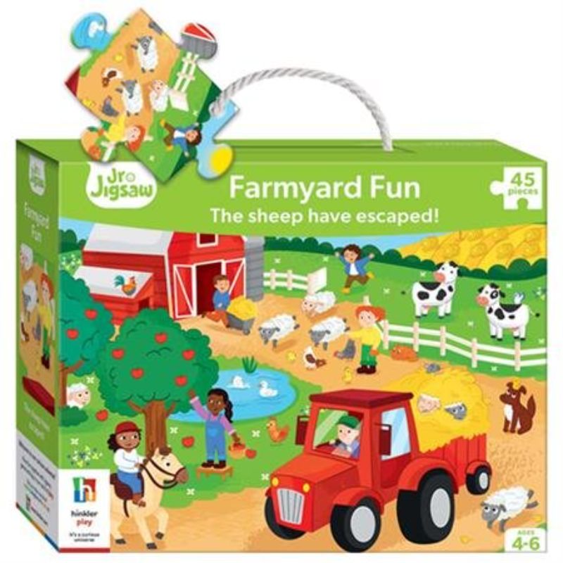 Colorful 45-piece farm-themed jigsaw puzzle for toddlers, promoting fine motor skills and imaginative play.