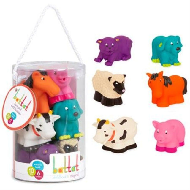 Colorful squeezable bath toys including a cow and pig, designed for sensory play and fine motor skills, perfect for toddlers.