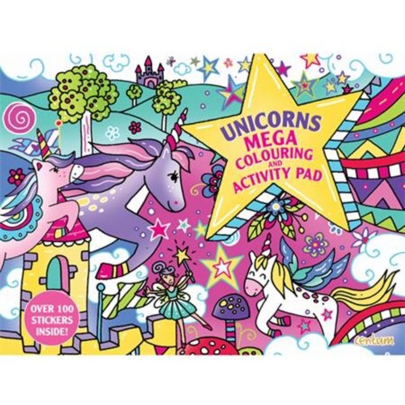 Coloring pad featuring enchanting unicorn illustrations, puzzles, and 100 vibrant stickers for creative fun and imagination.