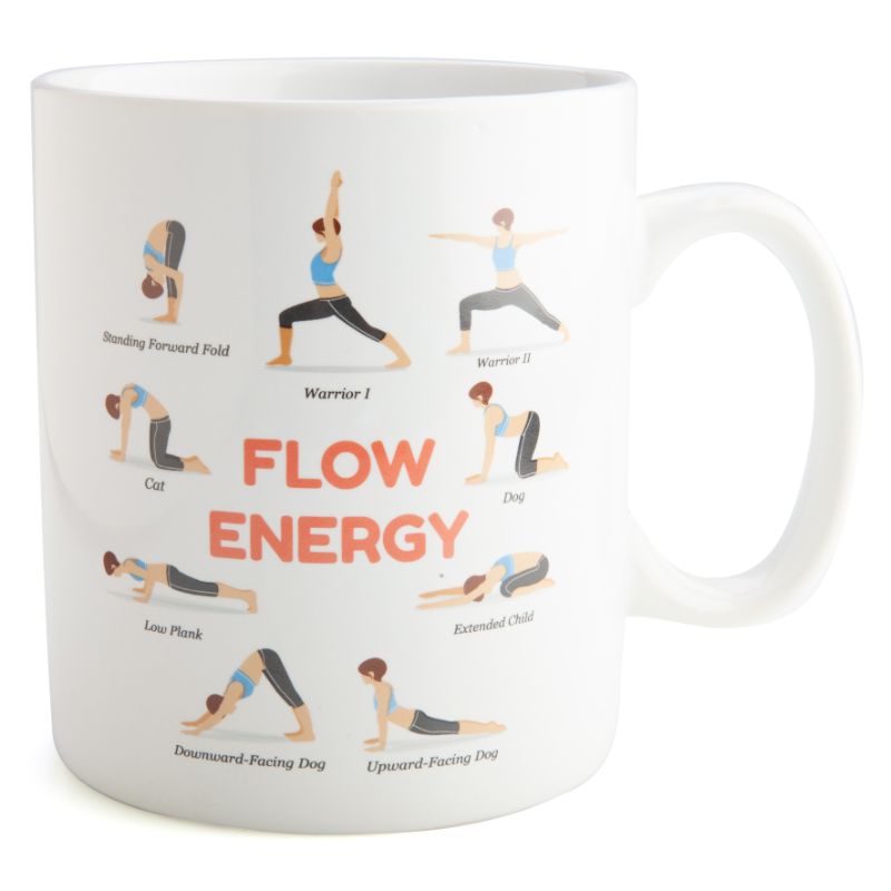 Extra-large coffee mug featuring 17 yoga poses and uplifting phrases, perfect for yoga lovers and mindfulness enthusiasts.