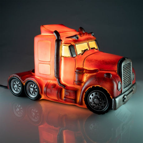 Table lamp shaped like a red metal look truck, featuring vintage rust detailing and USB charging for stylish ambient lighting.