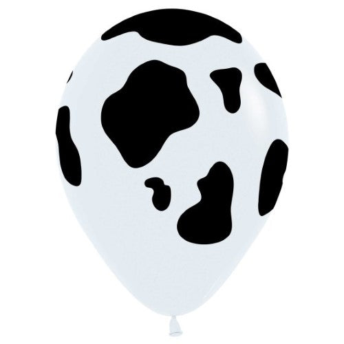 30cm pack of 25 white latex balloons with a playful cow print design, perfect for themed parties and celebrations.