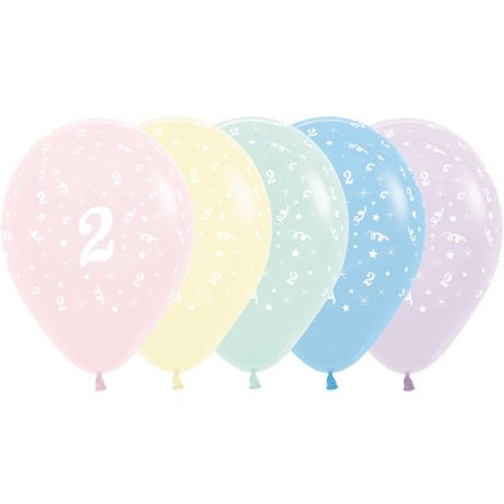 Colorful pastel matte latex balloons in a pack of 25, ideal for celebrating a child's second birthday.