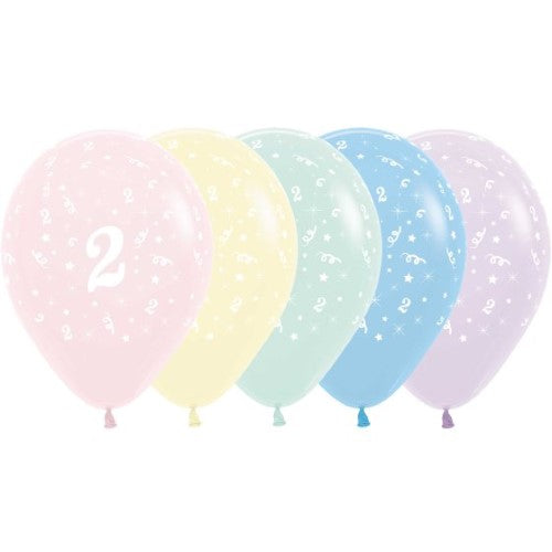 Colorful pastel matte latex balloons in a pack of 25, ideal for celebrating a child's second birthday.