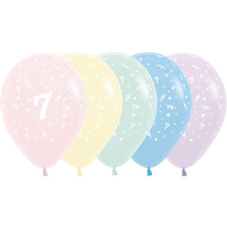 Pastel matte latex balloons in assorted colors for age 7 birthday celebrations, 30cm, pack of 25, perfect for decorating.